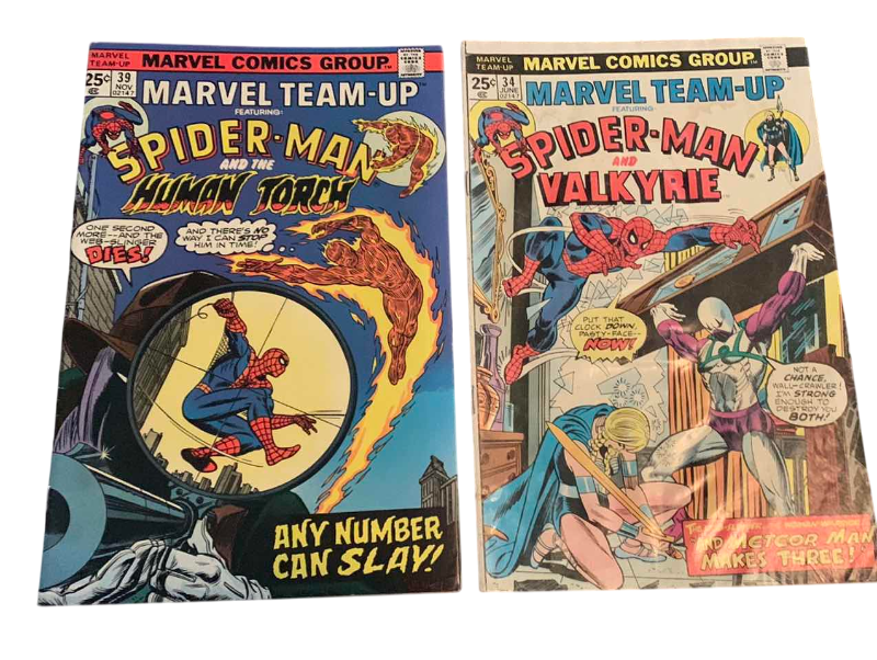 Photo 1 of MARVEL TEAM-UP 34 & 39 SPIDER-MAN HUMAN TORCH AND VALKYRIE 1975 COMICS