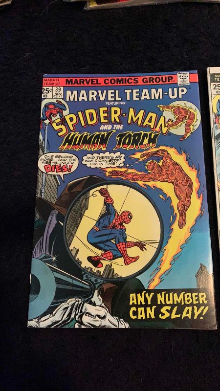Photo 1 of MARVEL TEAM-UP 34 & 39 SPIDER-MAN HUMAN TORCH AND VALKYRIE 1975 COMICS