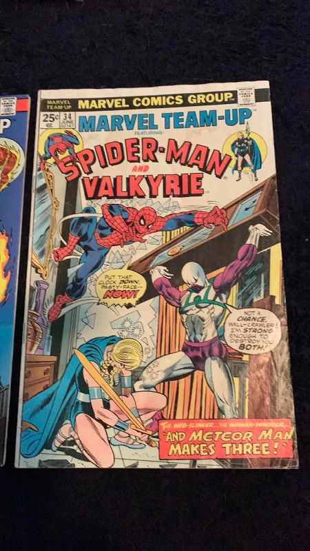 Photo 1 of MARVEL TEAM-UP 34 & 39 SPIDER-MAN HUMAN TORCH AND VALKYRIE 1975 COMICS