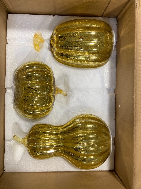 Photo 2 of ***one has small piece come off**NEEDOMO Fall Decorations for Home, Set of 3 Gold Mercury Glass Pumpkin with LED Lights Timer for Fall Thanksgiving Decor, Lighted Pumpkin Fall Centerpiece for Tables Indoor Mantel Windows