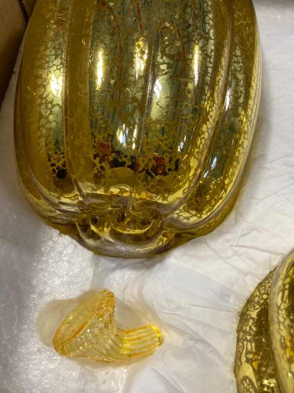 Photo 3 of ***one has small piece come off**NEEDOMO Fall Decorations for Home, Set of 3 Gold Mercury Glass Pumpkin with LED Lights Timer for Fall Thanksgiving Decor, Lighted Pumpkin Fall Centerpiece for Tables Indoor Mantel Windows