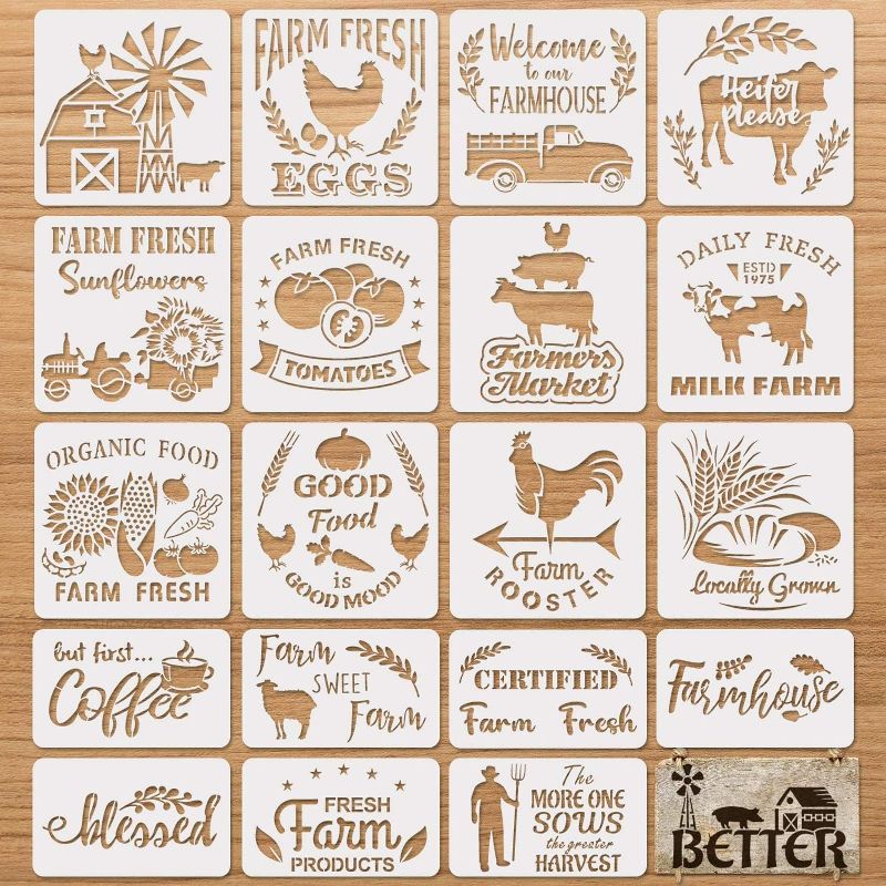 Photo 1 of 20 Pieces Farmhouse Stencils Reusable Farm Painting Stencils Farm Theme Drawing Art Template for Scrapbooking Drawing Tracing DIY Furniture Wall Floor Fabric Decors, 2 Sizes and 20 Patterns