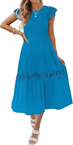 Photo 1 of  Women's 2024 Boho Long Sleeve Square Neck Smocked High Waist Flowy A Line Lace Trim Maxi Dress (XXL)