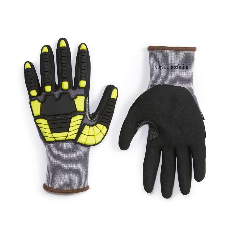 Photo 1 of Amazon Basics Impact Protection Gloves with 15g Sandy Nitrile Palm, Touchscreen Safe, 3-Pack, Yellow, Large