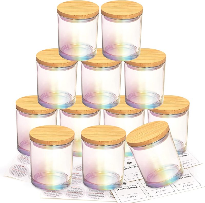 Photo 2 of 10 oz Candle Jars 12 Pack- iridescent Bulk Small Glass Candle Jars with Bamboo Lids, with Stickers and Labels, Empty Candle Jars for Making Candles Containers - Dishwasher Safe