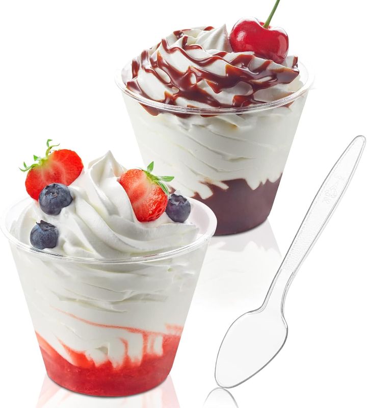 Photo 2 of 
UNFIYEO 50 Pack 5 oz Plastic Dessert Cups with Spoons, Mini Mousse Cup Round Pudding Cups Party Serving Bowl for Cocktails Appetizers Fruit Parfait and Trifle