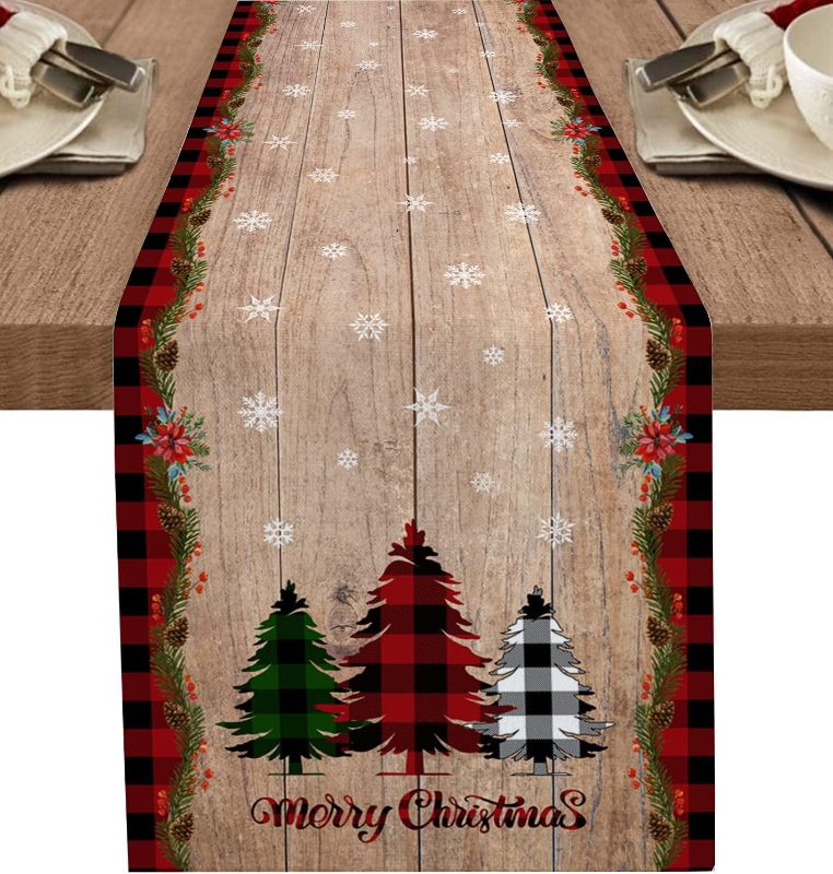 Photo 2 of 
Merry Christmas Cotton Linen Table Runner Dresser Scarves,Buffalo Plaid Farm Xmas Tree Snowflake Pine Tree Table Runners for Dinning Table,Farmhouse Kitchen Decor,Holiday Dinner Decoration-13x70 Inch