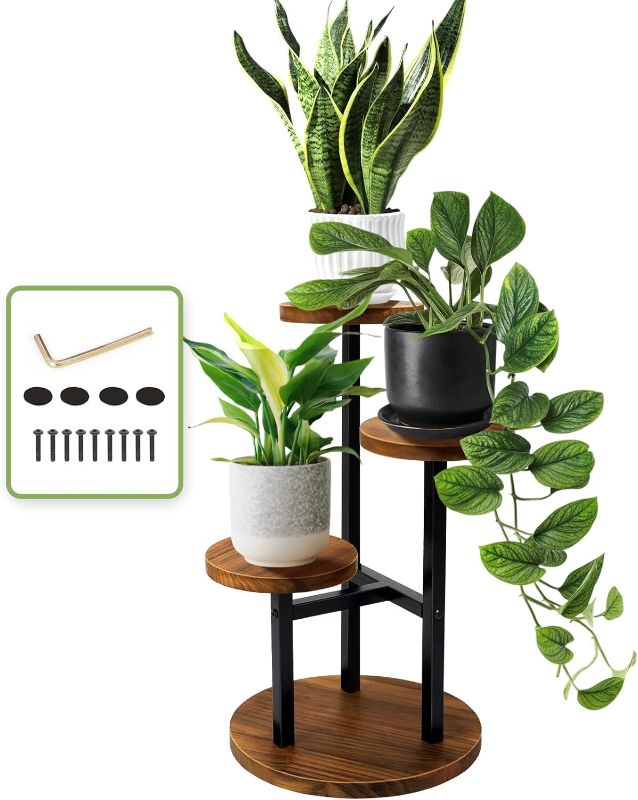 Photo 2 of AUGOSTA 3 Tier Plant Stand, Tall Metal Wood Shelf Holder for Indoor, Outdoor Display Rack Flower Pot Stand for Corner Living Room Balcony Garden Patio