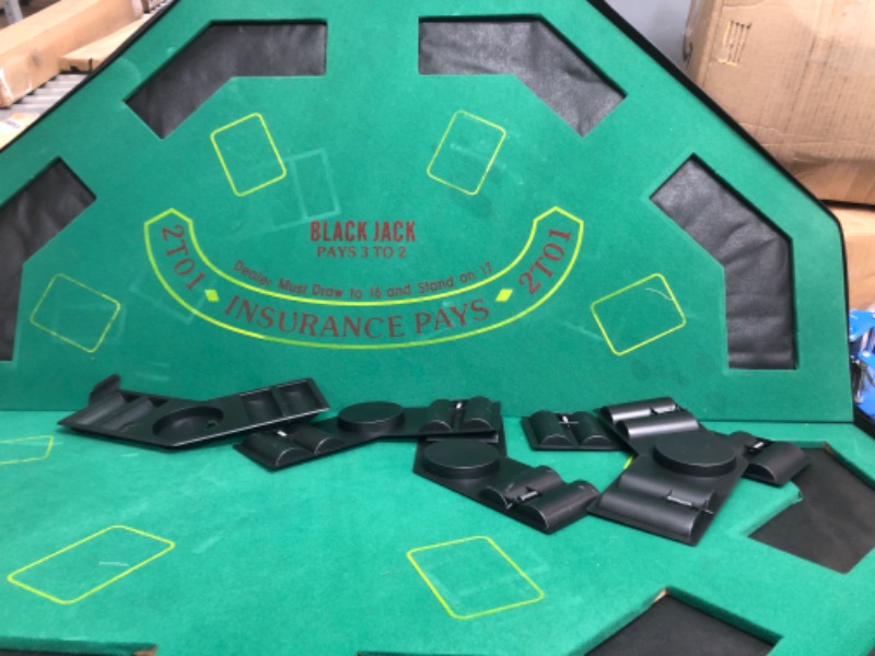 Photo 3 of **INCOMPLETE & DAMAGED**
 8-Player Foldable Poker Table Top, Casino Texas Hold'em Layout, Portable Anti-Slip Blackjack Poker Table Mat with Carrying Bag for Family Games Casino Gambling
