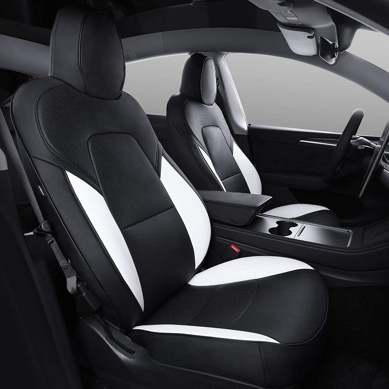 Photo 1 of **INCOMPLETE**
Xipoo Fit Tesla Model Y Car Seat Cover PU Leather Cover Fully Wrapped All Season Protection for Tesla Model Y 2020 2021 2022(Black+White-PU, Model Y(Fully Wrapped))
