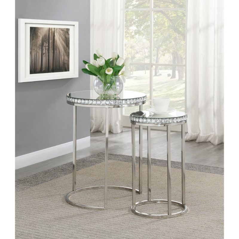 Photo 1 of 930227 2-Piece Nesting Tables with Mirror Top Metal Legs and Round Shape in Silver
