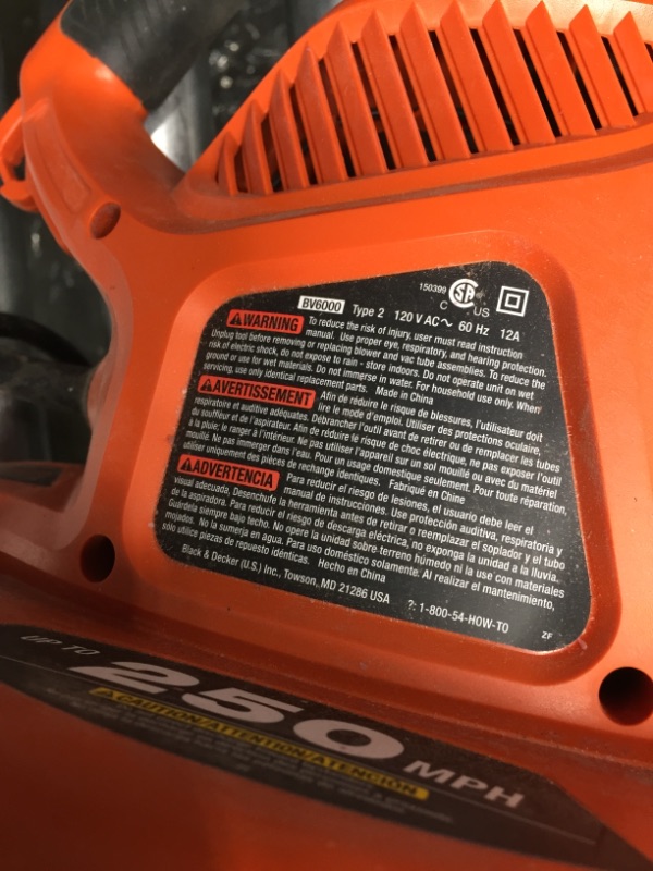 Photo 5 of BLACK+DECKER Leaf Blower & Leaf Vacuum, 3-in-1, 12-Amp, 250-MPH, 400-CFM (BV6000)