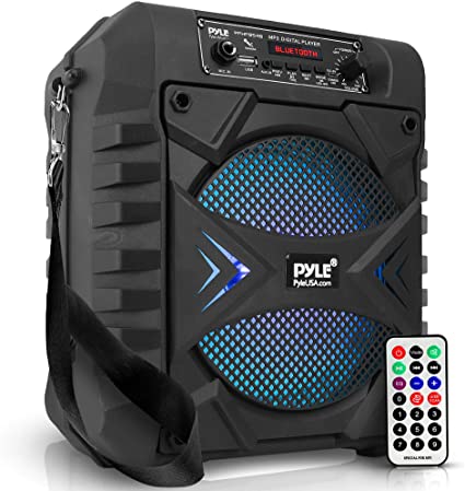 Photo 1 of Portable Bluetooth PA Speaker System - 300W Rechargeable Outdoor Bluetooth Speaker Portable PA System w/ 8” Subwoofer, AUX, Microphone in, Party Lights, MP3/USB, Radio, Remote - Pyle PPHP854B, Black
