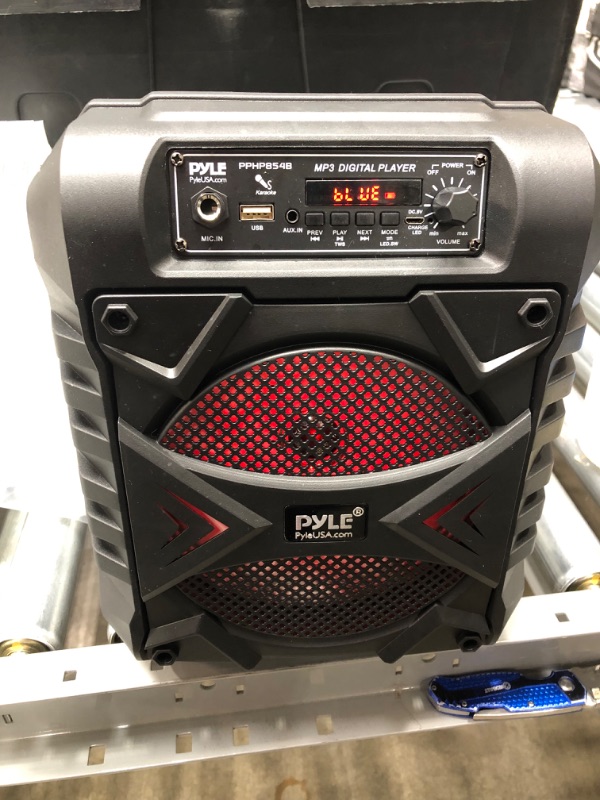 Photo 2 of Portable Bluetooth PA Speaker System - 300W Rechargeable Outdoor Bluetooth Speaker Portable PA System w/ 8” Subwoofer, AUX, Microphone in, Party Lights, MP3/USB, Radio, Remote - Pyle PPHP854B, Black
