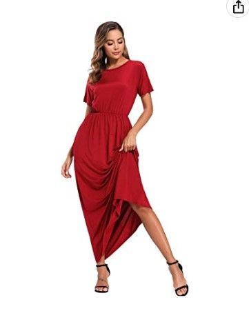 Photo 1 of AUOMITH Women’s Cotton Short Sleeve Loose Plain Summer Maxi Casual Empire Waist Long Dresses with Pockets SIZE L 
