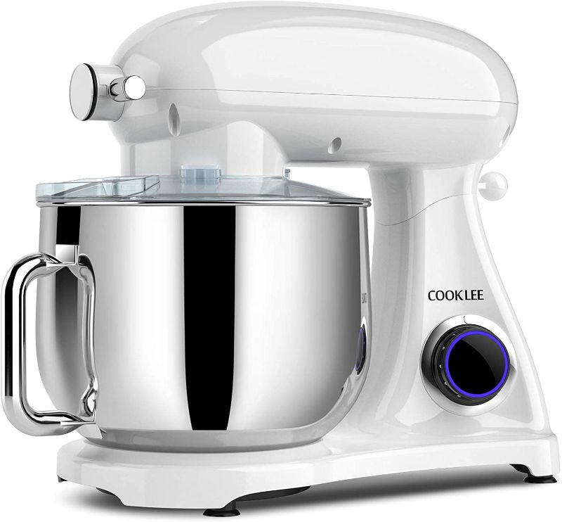 Photo 1 of All-Metal COOKLEE Stand Mixer, 800W 8.5-Qt. Kitchen Mixer 10+1 Speeds with Dishwasher-Safe Dough Hooks, Flat Beaters, Whisk & Pouring Shield, SM-1522NM, Porcelain White
