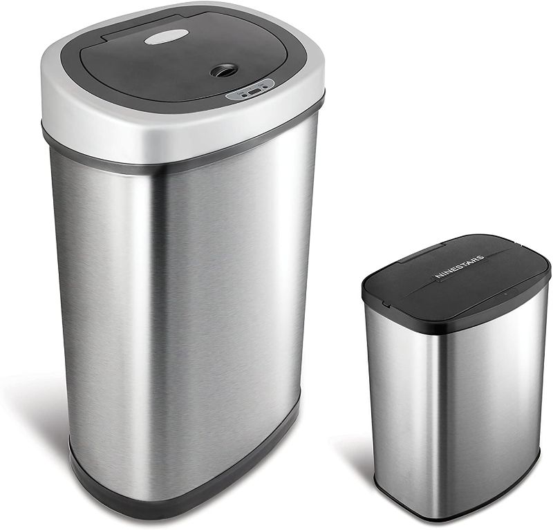 Photo 1 of **MINOR DENTS* NINESTARS CB-DZT-50-9/8-1 Automatic Touchless Infrared Motion Sensor Trash Can Combo Set, 13 Gal 50L & 2 Gal 8L, Stainless Steel Base (Oval & Rectangular, Silver/Black Lid)

