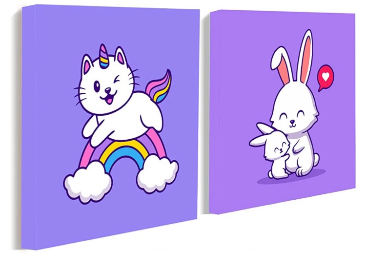 Photo 1 of  2 pack Framed 2 Packs DIY Oil Painting for Childrens, Paint by Number Kits for Kids - Rainbow Cat and Rabbits 8"X 8"