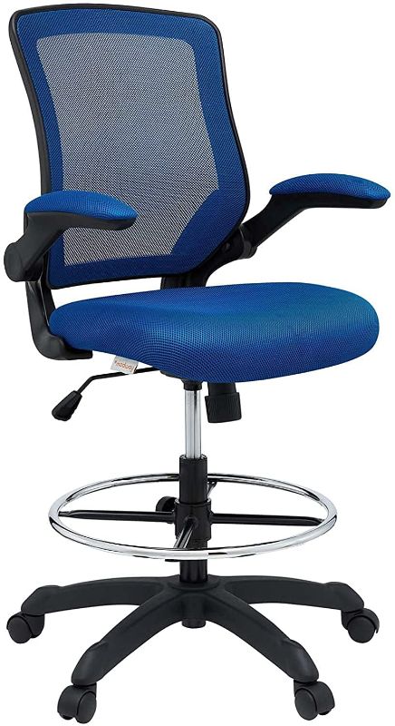 Photo 1 of Modway Veer Drafting Chair - Reception Desk Chair - Flip-Up Arm Drafting Chair in Blue
