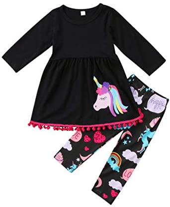 Photo 1 of 2Pcs Toddler Baby Girl Winter Clothes Unicorn Print Long Sleeve T-Shirt Tops+Floral Pants Outfit Set- 2-3 years 