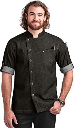 Photo 1 of **Similar to stock Photo** - Men’s Asymmetrical Premium Denim Chef Coat with Mesh Side Panels- Black - SMALL