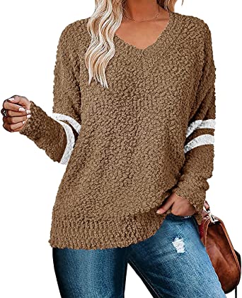 Photo 1 of Cnkwei Womens Long Sleeve Knitted Fuzzy Sweaters V-Neck Casual Jumper Pullover Tops- XXL
