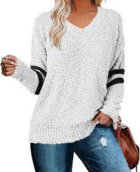 Photo 1 of Cnkwei Womens Long Sleeve Knitted Fuzzy Sweaters V-Neck Casual Jumper Pullover Tops- MEDIUM 
