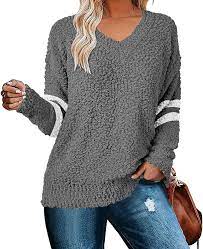 Photo 1 of Cnkwei Womens Long Sleeve Knitted Fuzzy Sweaters V-Neck Casual Jumper Pullover Tops- MEDIUM 
