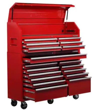 Photo 1 of (INCOMPLETE)
(MISSING TOP CABINET) 
(Multiple Dents)
Husky 61 in. W x 18 in. D Standard Duty 18-Drawer Combination Rolling Tool Chest and Top Tool Cabinet Set in Gloss Red