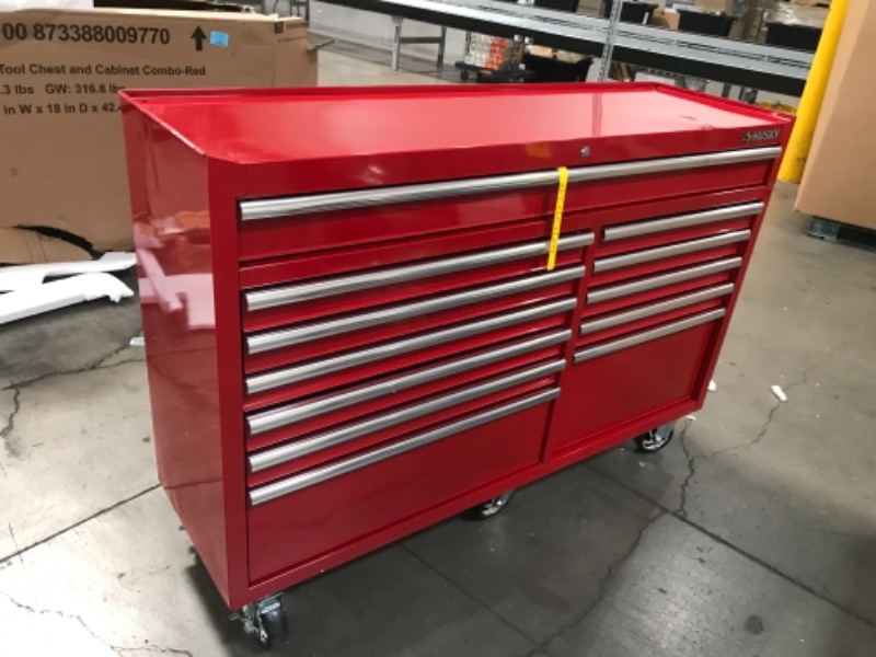 Photo 7 of (INCOMPLETE)
(MISSING TOP CABINET) 
(Multiple Dents)
Husky 61 in. W x 18 in. D Standard Duty 18-Drawer Combination Rolling Tool Chest and Top Tool Cabinet Set in Gloss Red