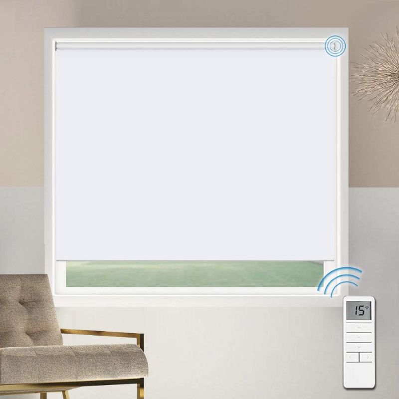 Photo 1 of 36" Motorized Blackout Window Shades Blinds, Remote Control Wireless and Rechargeable, White Roller Shades Blinds for Windows, Home, Office, Hotel, Club, Restaurant, French Door, Sliding Door
