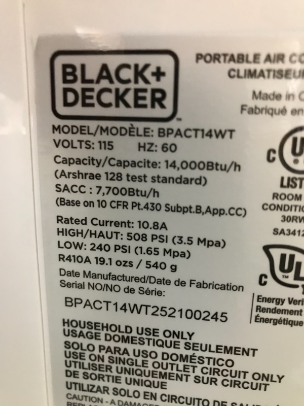 Photo 5 of BLACK+DECKER 8,000 BTU DOE (14,000 BTU ASHRAE) Portable Air Conditioner with Remote Control, White