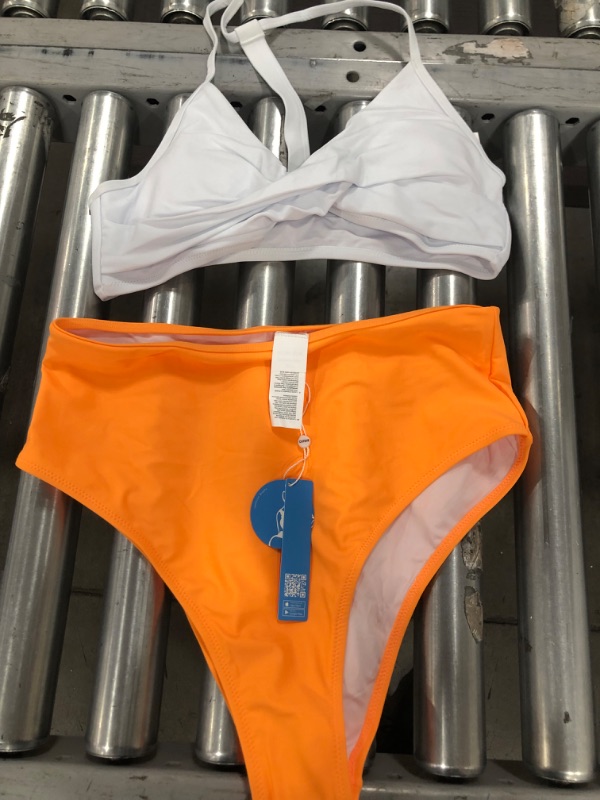 Photo 1 of Cupshe Women's White Orange V Neck Twist High Waisted Two Piece Bikini Swimsuit Set SIZE L