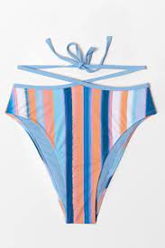 Photo 1 of Cupshe Waterfront Stripe Strappy High Waist Cheeky Bikini Bottom & Top BOTH SIZE M (NORMALLY SOLD SEPARATE)