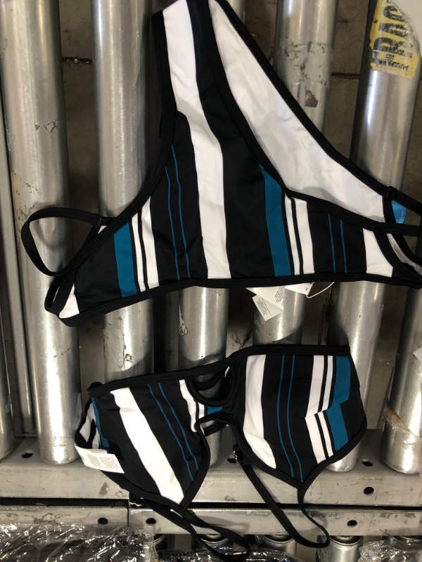 Photo 2 of CUPSHE Blue White And Black Striped Bikini SIZE M
