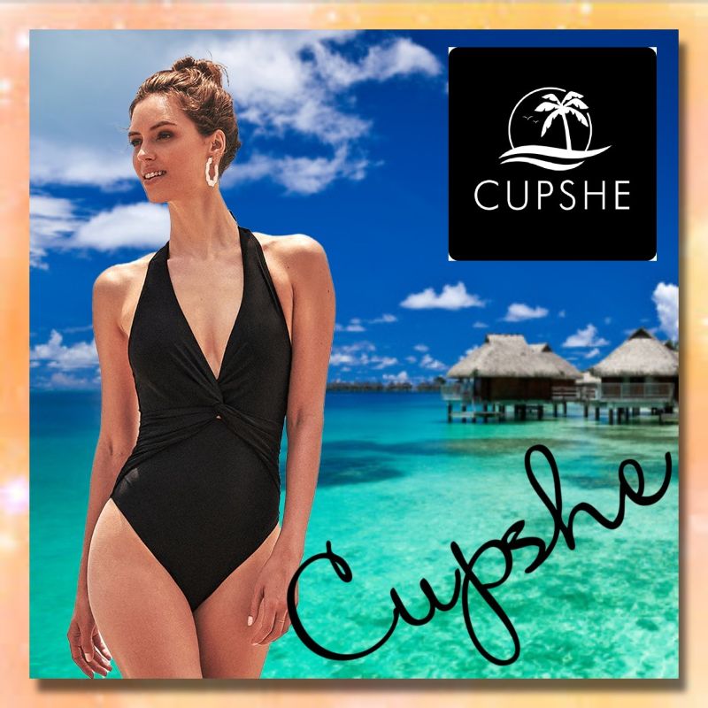 Photo 1 of CUPSHE  CUPSHE One Piece Swimsuit for Women Bathing Suit Halter V Neck Adjustable Straps Ruching Twisted BLACK SIZE S