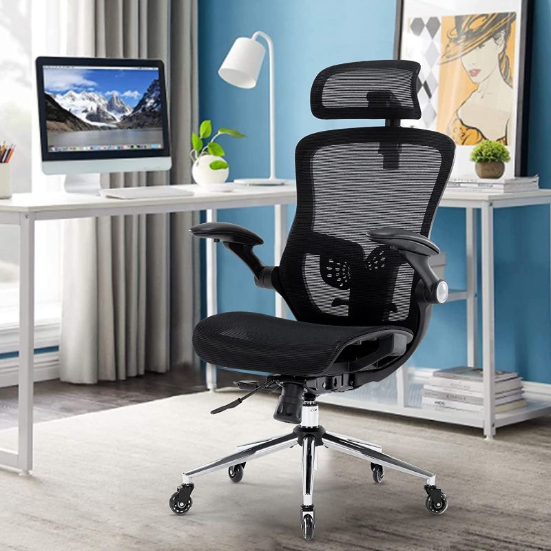 Photo 1 of Home Office Desk Chairs, Ergonomic Office Chair with 90°-135° Adjustable Backrest, Computer Desk Chair with 2D Adjustable Headrest, Office Desk Chair with Textilene Mesh, Black
