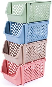 Photo 1 of DVHOK 4Pcs Stackable Storage Basket Organizer for Food Snacks Toys Toiletries Plastic Storage Bins Multicolor
