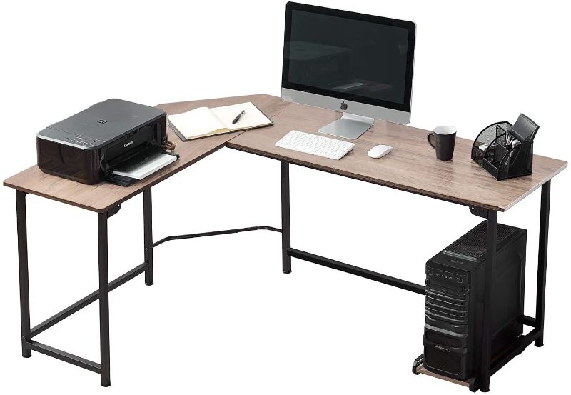 Photo 1 of VECELO Modern L-Shaped Corner Computer Desk with CPU Stand/PC Laptop Study Writing Table Workstation for Home Office Wood & Metal, Rubber Wood Color+Black Leg
