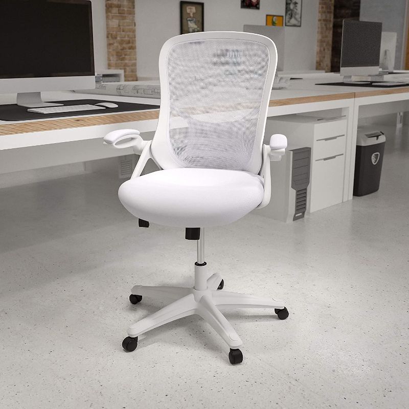 Photo 1 of MISSING SOME HARDWARE*
Flash Furniture High Back White Mesh Ergonomic Swivel Office Chair with White Frame and Flip-up Arms
