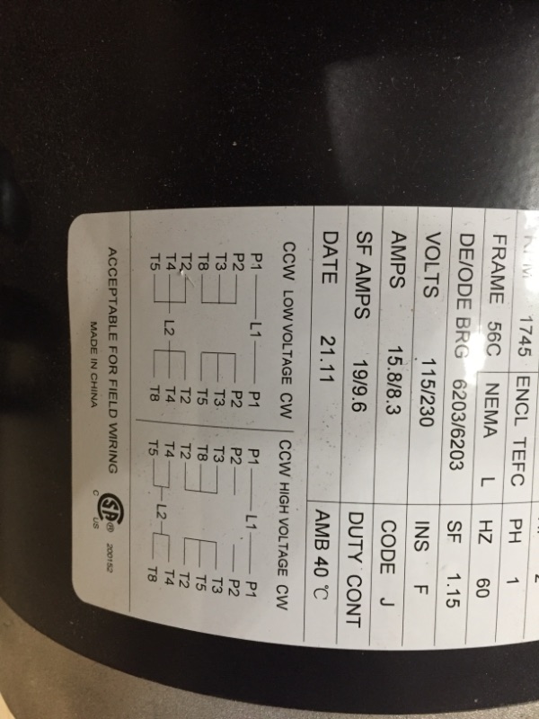 Photo 3 of Vevor 2Hp Electric Motor 140256C Single Phase 56C Frame TEFC 115/230V **Nonfunctional Parts Only**