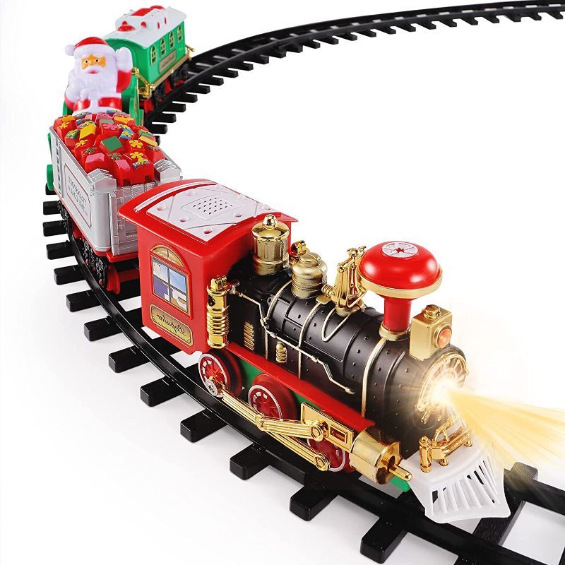 Photo 1 of TEMI Train Set Toys Around Tree, Electric Railway Train Set w/ Locomotive Engine, Cars and Tracks, Battery Operated Play Set w/ Lights and Sounds