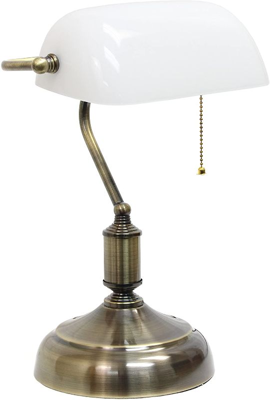 Photo 1 of Simple Designs LT3216-WHT Executive Banker's Glass Shade, Desk Lamp, Antique Nickel/White