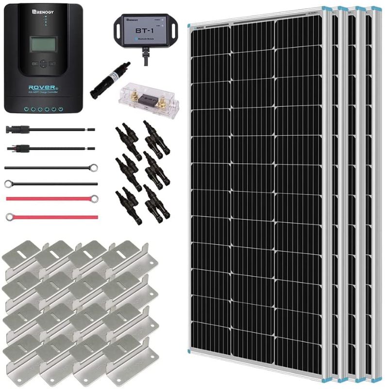 Photo 1 of ***MAJOR DAMAGE** *Renogy 400 Watt 12 Volt Premium 4 Pcs 100W Panel+40A MPPT Charge Controller+ Bluetooth Module Fuse+ Mounting Z Brackets+Adaptor Kit +Tray Cables Set, 400W, Grid 12V Solar Power System
