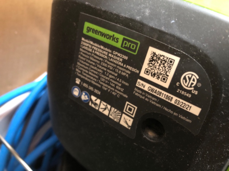 Photo 4 of ***PARTS ONLY*** Greenworks PRO 2300 PSI TruBrushless (2.3 GPM) Electric Pressure Washer (PWMA Certified)
