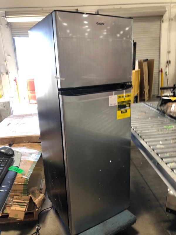 Photo 1 of Galanz GLR12TS5F Refrigerator, Dual Door Fridge, Adjustable Electrical Thermostat Control with Top Mount Freezer Compartment, 12.0 Cu.Ft, Stainless Steel, 12
