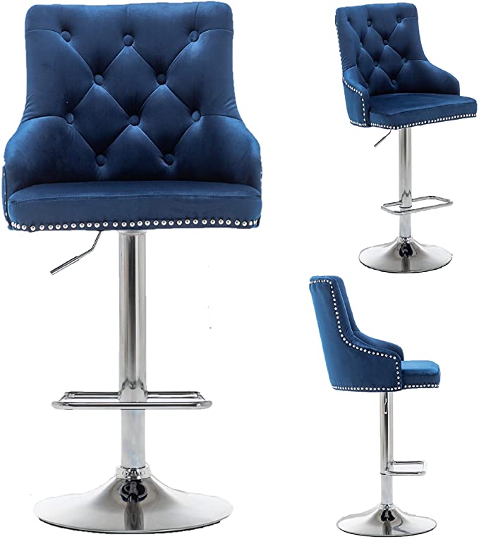 Photo 1 of BTEXPERT Swivel 33.5" Set of 2 Kitchen upholstered Dining Barstool 25"-33" Adjustable High Back Stool Counter Bar Chairs, Velvet Chrome, Blue Tufted Trim (5153-2a)
