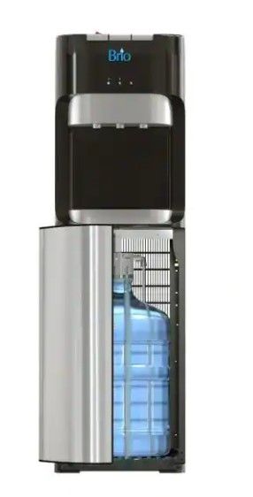 Photo 1 of Brio Hot Cold and Room Temp Water Dispenser Cooler Bottom Load, Tri-Temp, Black and Brush Stainless Steel, Essential Series