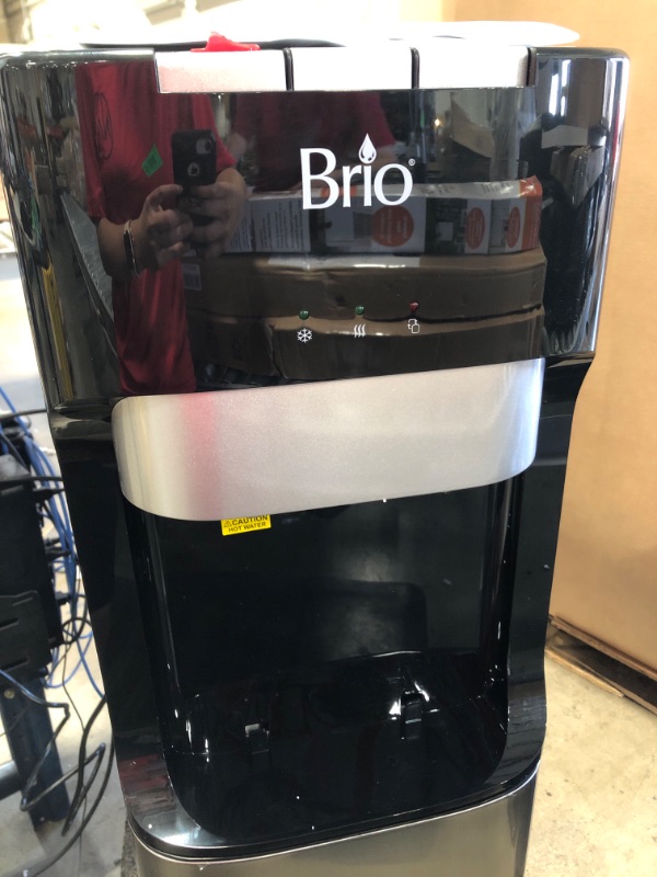 Photo 3 of Brio Hot Cold and Room Temp Water Dispenser Cooler Bottom Load, Tri-Temp, Black and Brush Stainless Steel, Essential Series