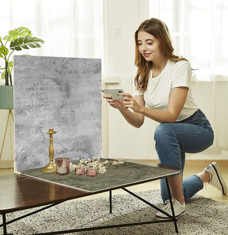 Photo 1 of **DAMAGED** 2 PCS Boards Photo Backdrop for Flat Lay, Food Photography Background 24x24 Inch, BEIYANG (Marble+Light Gray)
